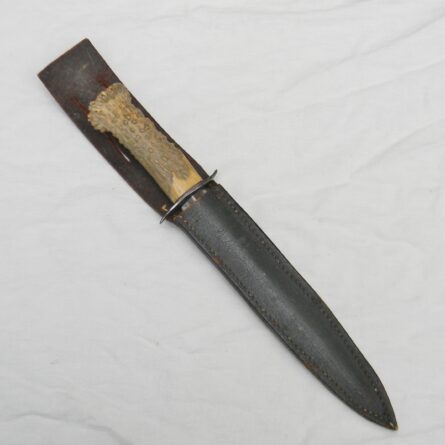 WW2 era old European sword blade fighting dagger, crown stag handle, original scabbard; RARE type - Image 2