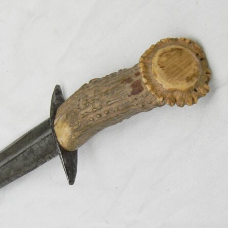 WW2 era old European sword blade fighting dagger, crown stag handle, original scabbard; RARE type - Image 11