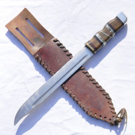 WW2 American theater-made fighting knife, huge 11" blade, orig scabbard