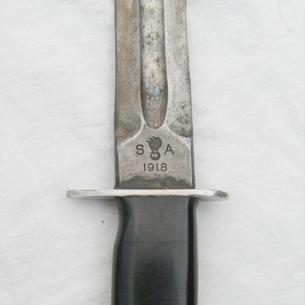 WW2 era San Antonio Iron Works fighting knife made from M1913 Patton Saber dated 1918, unusual "theater-made" horse head handle, original scabbard; RARE type - Image 8