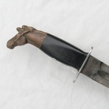 WW2 era San Antonio Iron Works fighting knife made from M1913 Patton Saber dated 1918, unusual "theater-made" horse head handle, original scabbard; RARE type - Image 12