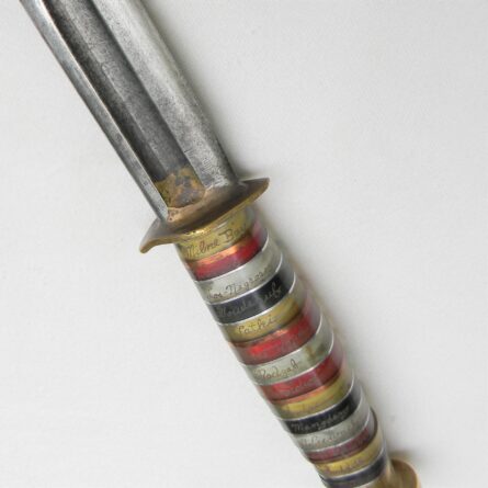 American WW2 highly decorated "theater" fighting knife marked with major Pacific Campaign locations; M1905 bayonet blade, one of a kind fighter - Image 6