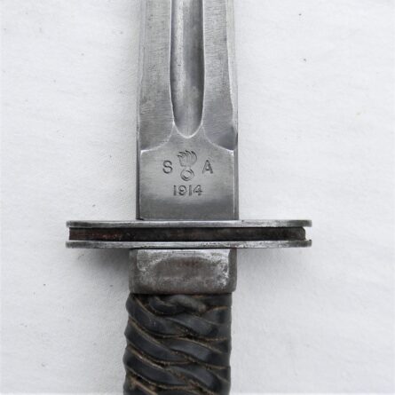 American WW2 era San Antonio Iron Works fighting knife made from SA 1914 M1913 Patton Saber, original "tooled" leather scabbard -RARE type - Image 8