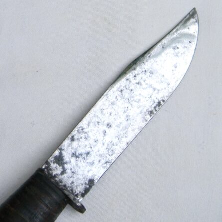 WW2 USN Mark 1 Utility Knife, rare wood pommel/bright blade type, early leather scabbard - Image 14