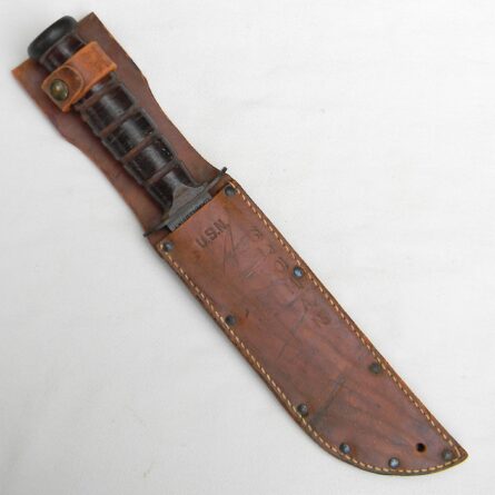 WW2 CAMILLUS rare 1st model "nut pommel" blade-marked MK2 USN Fighting Knife ID's to Bill Sloman Jr, early orig leather scabbard; excellent - Image 2