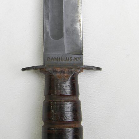 WW2 CAMILLUS rare 1st model "nut pommel" blade-marked MK2 USN Fighting Knife ID's to Bill Sloman Jr, early orig leather scabbard; excellent - Image 10