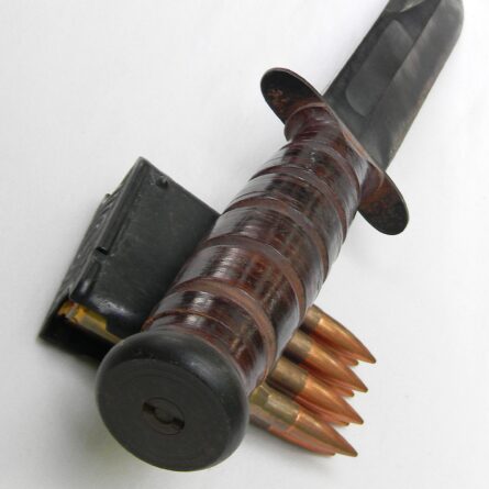 WW2 CAMILLUS rare 1st model "nut pommel" blade-marked MK2 USN Fighting Knife ID's to Bill Sloman Jr, early orig leather scabbard; excellent - Image 8