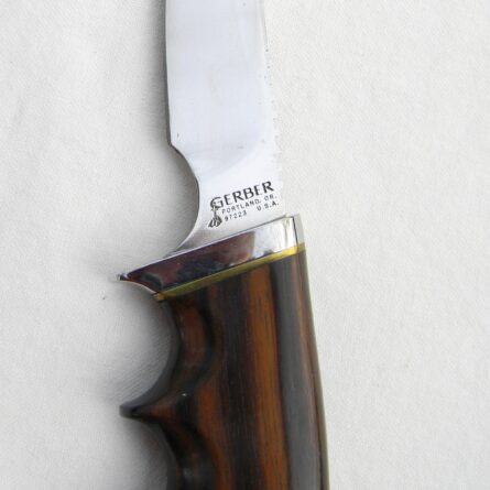 GERBER vintage 1970th model 450S Hunter-Skinner knife, exotic Zebrawood handle, original sheath, box; UNUSED - Image 9