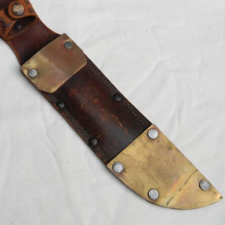 WW2 era Western Cutlery model G46-8 fighting knife, large blued 8" blade, "theater-dressed" original leather scabbard - Image 2