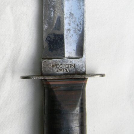 WW2 era Western Cutlery model G46-8 fighting knife, large blued 8" blade, "theater-dressed" original leather scabbard - Image 7