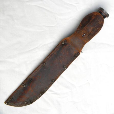 WW2 era Western Cutlery model G46-8 fighting knife, large blued 8" blade, "theater-dressed" original leather scabbard - Image 11