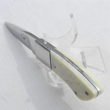 Don Cowles design small caper knife, polished bone handle, leather sheath by Sherry Lott, KY; UNUSED - Image 12