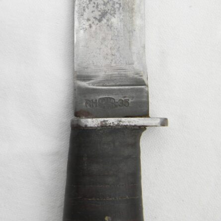 USA WW2 era PAL RH-35 USN Mark 1 Utility Knife, early leather scabbard marked NEW GUINEA; mid-war wood pommel type - Image 7