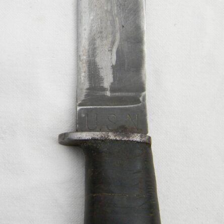 USA WW2 era PAL RH-35 USN Mark 1 Utility Knife, early leather scabbard marked NEW GUINEA; mid-war wood pommel type - Image 8