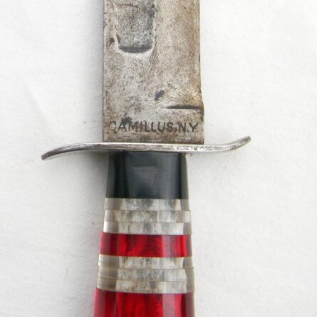 WW2 era Camillus USMC MK2 fighting knife, "theater-made" handle, early leather scabbard - Image 7