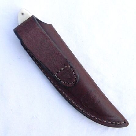 Don Cowles design small caper knife, polished bone handle, left-handed sheath by Sherry Lott, KY; UNUSED - Image 3