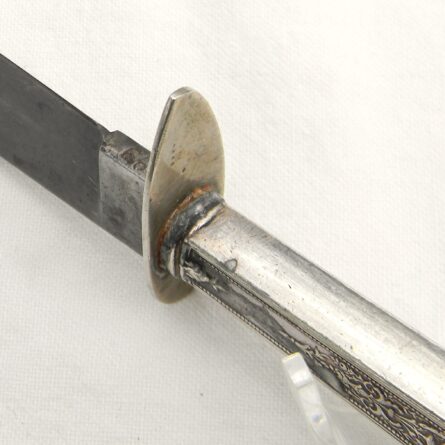 WW2 era British fighting knife with William Rodgers blade and re-purposed Rogers Bros tableware sterling silver handle, original sheath; RARE - Image 14