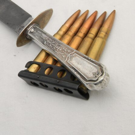 WW2 era British fighting knife with William Rodgers blade and re-purposed Rogers Bros tableware sterling silver handle, original sheath; RARE - Image 15