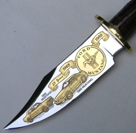 Aurum Etchings, USA rare 1989 Ford Mustang commemorative knife, 24K gold etched blade, sambar stag handle, sheath - Image 5