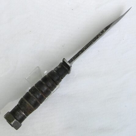 Cold War era Camillus Jet Pilot Survival Knife dated 10-1983; original metal-tipped leather scabbard - Image 10
