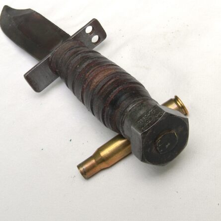 Cold War era Camillus Jet Pilot Survival Knife dated 11-1981; original metal-tipped scabbard, honing stone; UNUSED - Image 7