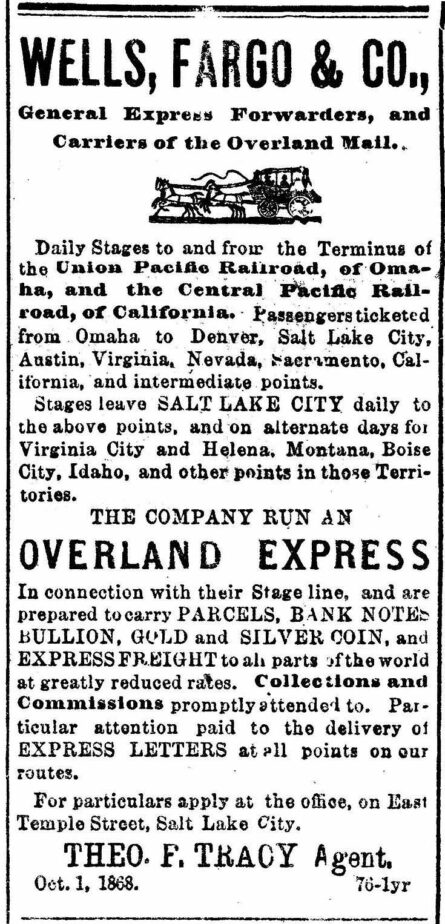 Wells Fargo Co 1868 newspaper ad