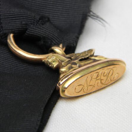 Antique Victorian era 14K gold sphinx pendant/monogram-engraved seal fob, original silk ribbon w 14K gold suspension chain; 11.9 grams total; rare type - Image 12