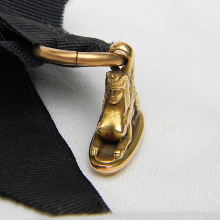 Antique Victorian era 14K gold sphinx pendant/monogram-engraved seal fob, original silk ribbon w 14K gold suspension chain; 11.9 grams total; rare type - Image 9