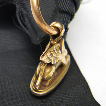 Antique Victorian era 14K gold sphinx pendant/monogram-engraved seal fob, original silk ribbon w 14K gold suspension chain; 11.9 grams total; rare type - Image 10