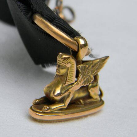 Antique Victorian era 14K gold sphinx pendant/monogram-engraved seal fob, original silk ribbon w 14K gold suspension chain; 11.9 grams total; rare type - Image 8