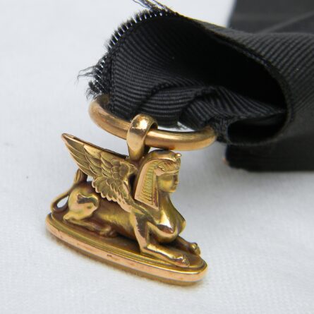 Antique Victorian era 14K gold sphinx pendant/monogram-engraved seal fob, original silk ribbon w 14K gold suspension chain; 11.9 grams total; rare type - Image 7