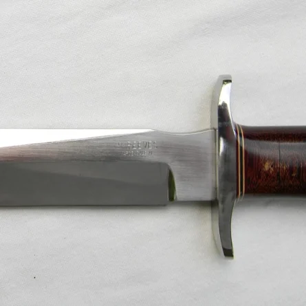 Custom James Reeves USA 1990th Fighting Bowie, brown micarta handle, original sheath; RARE - Image 6