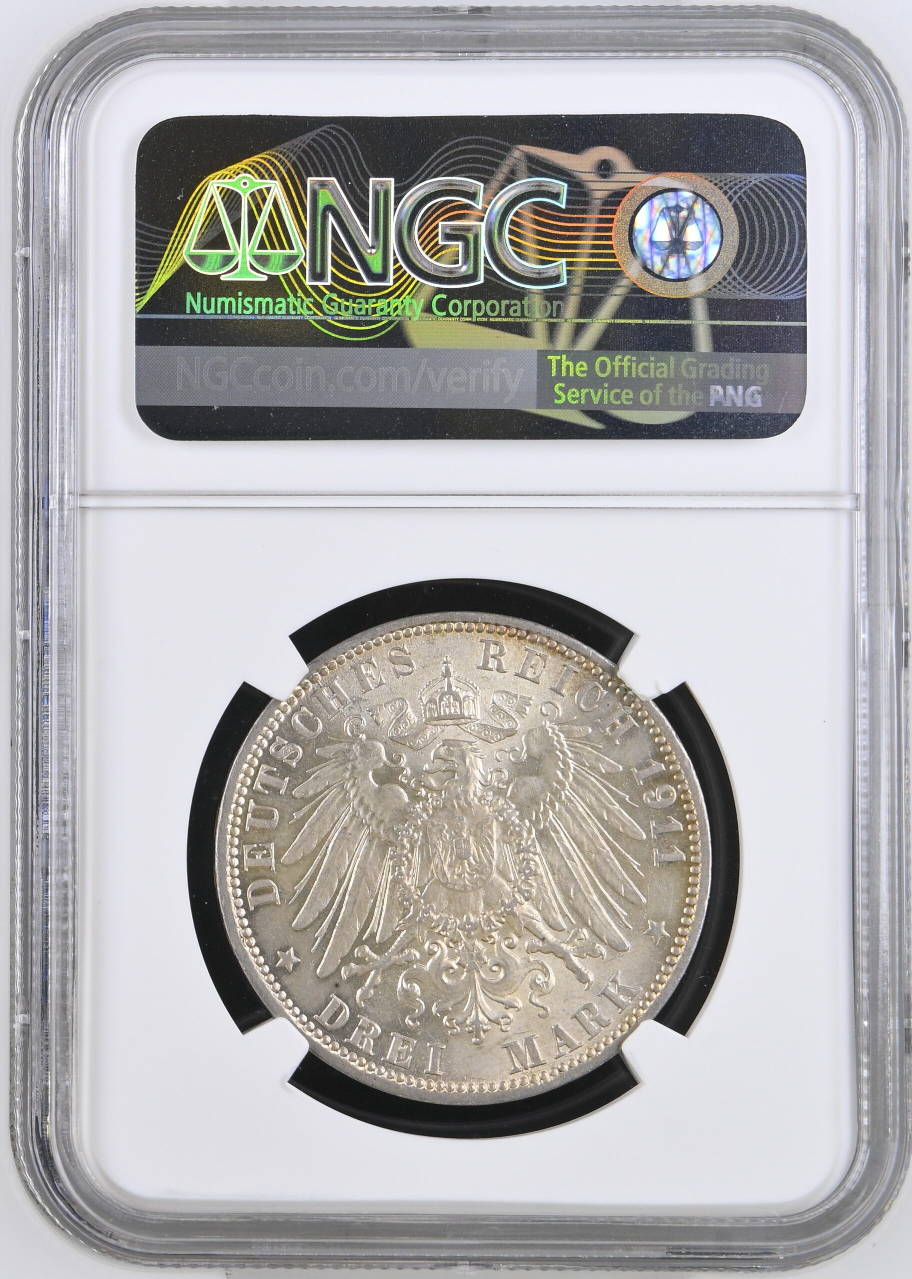Germany, free city of Hamburg 1911J silver 3 Mark, nicely toned NGC MS64 - Image 5