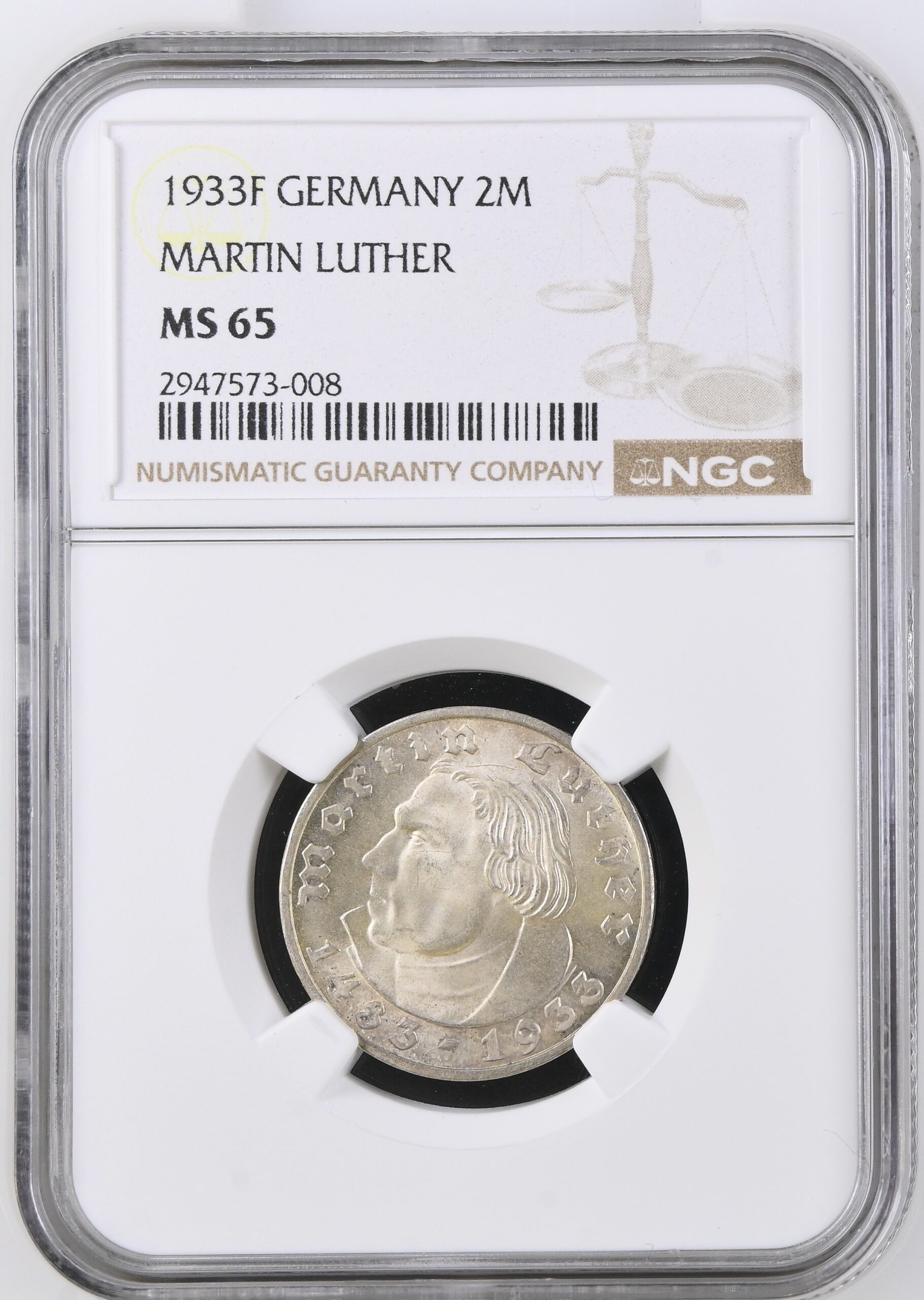 Germany 1933F Martin Luther silver 2 Mark