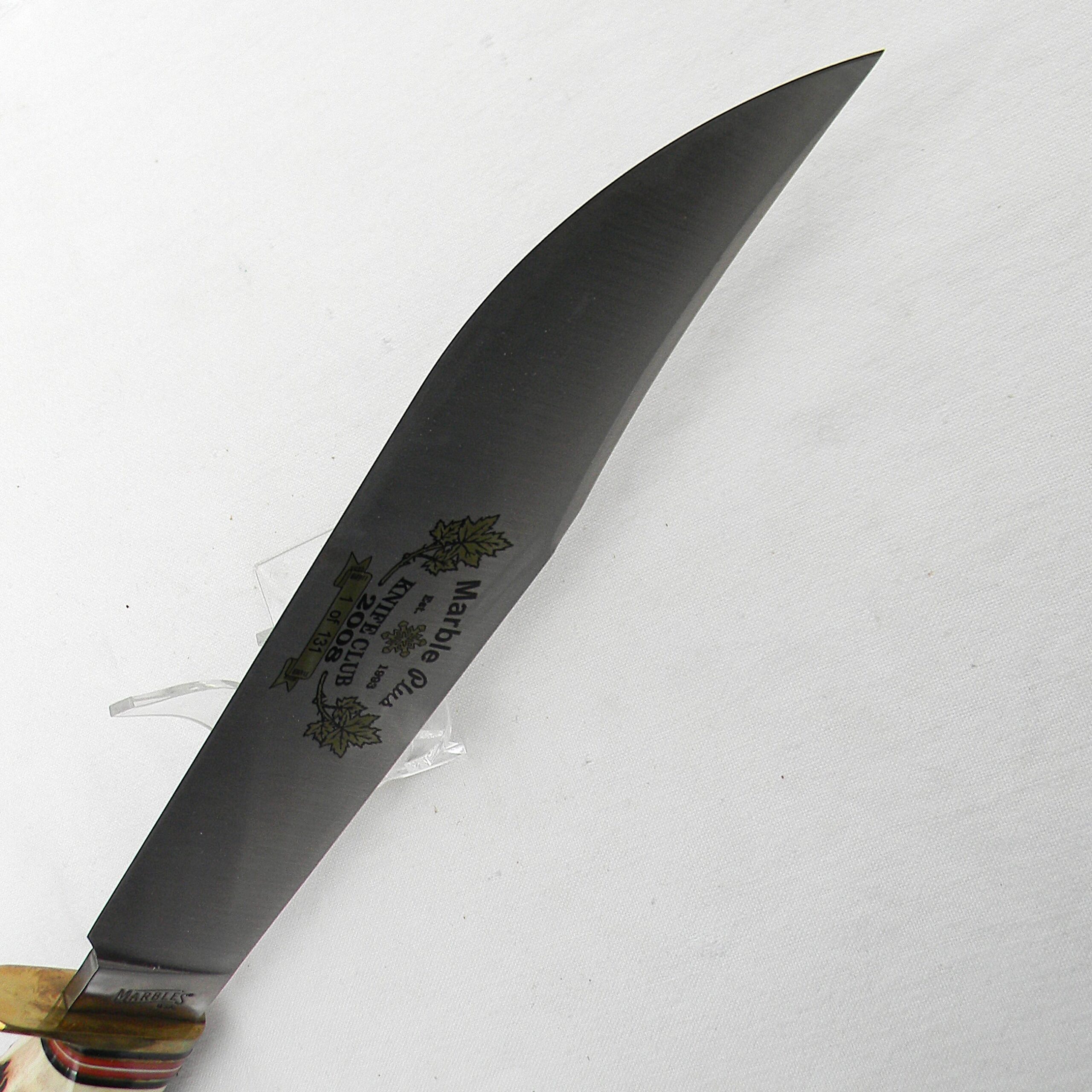 Marble's USA limited edition 2008 Marble’s Plus Knife Club Knife Trailmaker hunter-skinner, stag-on-stag handle, original leather sheath; only 131 made; unused in original box - Image 12