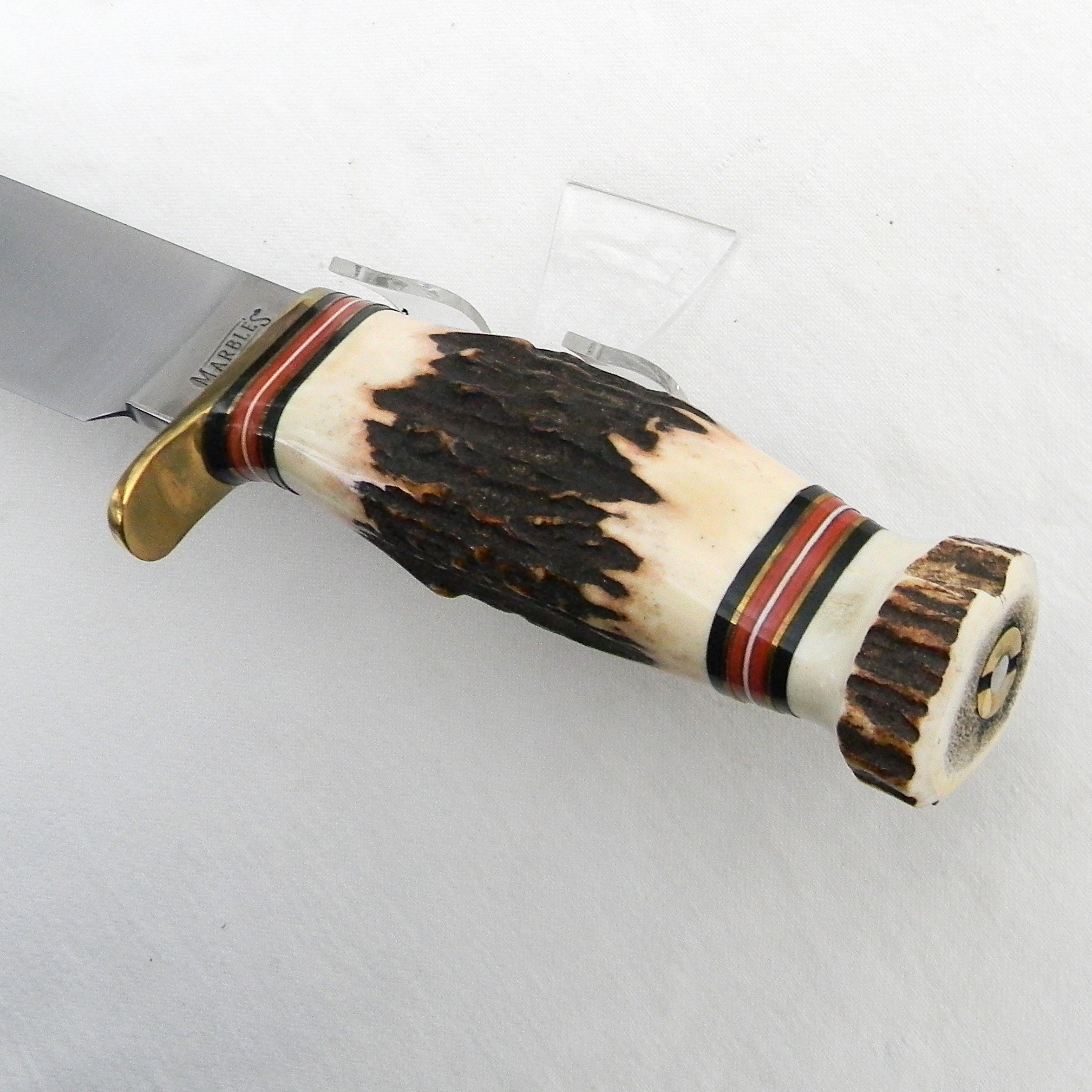 Marble's USA limited edition 2008 Marble’s Plus Knife Club Knife Trailmaker hunter-skinner, stag-on-stag handle, original leather sheath; only 131 made; unused in original box - Image 13