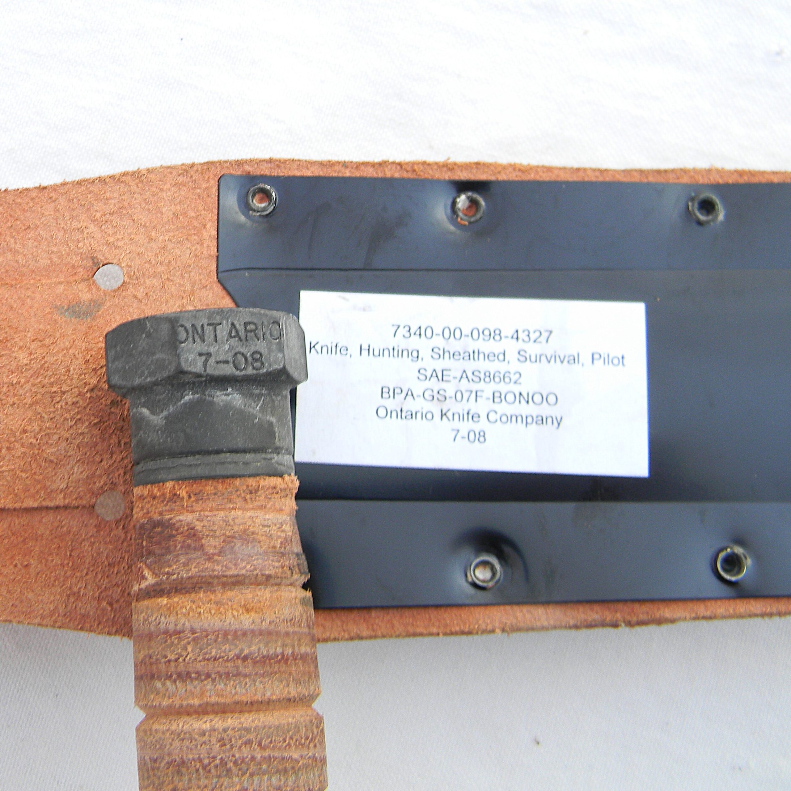 Ontario Jet Pilot Survival Knife dated 07-2008; original scabbard with stone; UNUSED - Image 7