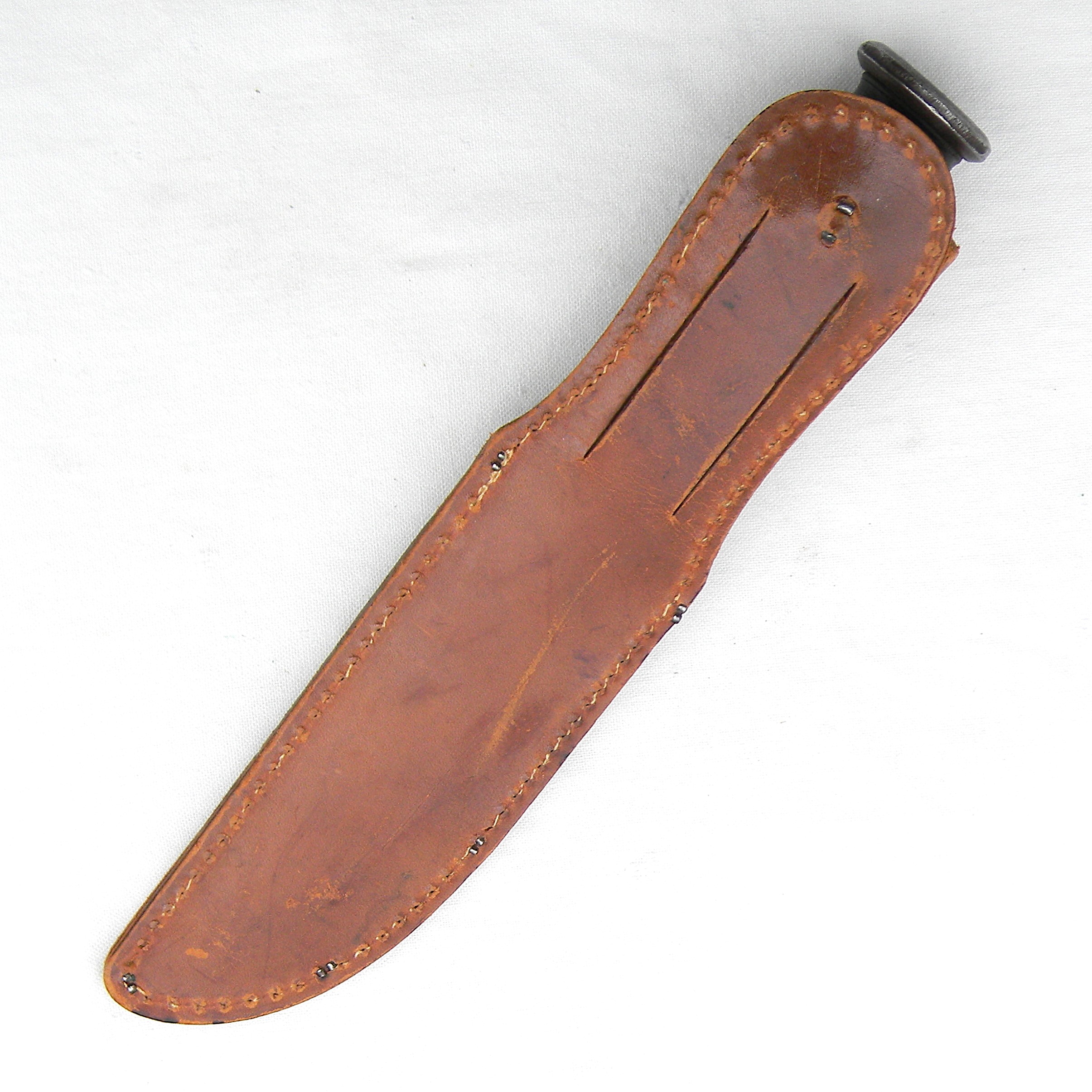 WW2 scarce KA-BAR "Seabee" model utility/fighting knife, blued blade, early-issue leather scabbard; excellent - Image 3