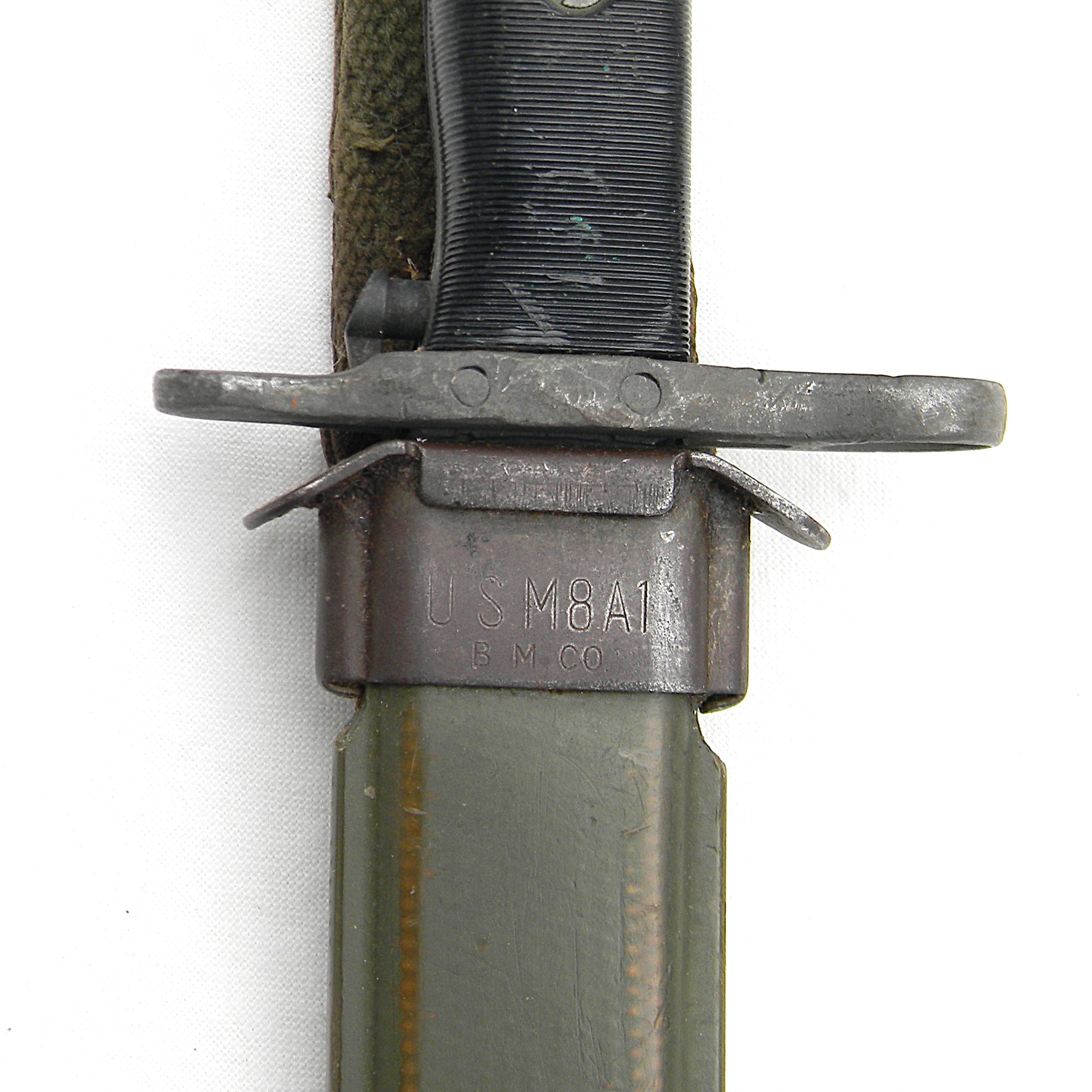 USA Korean War shortened WW2 era bayonet for M1 Garand rifle, WW2 era M8A1 composition scabbard; rare UNUSED - Image 3