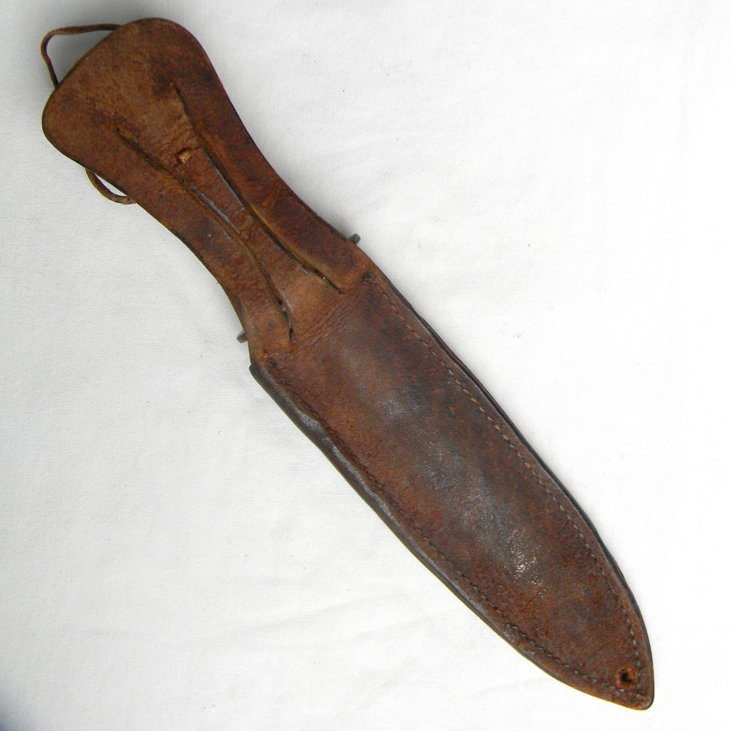 WW2 era New Caledonia made fighting knife, 8-inch dagger blade, stag handle, original scabbard; RARE TYPE - Image 2