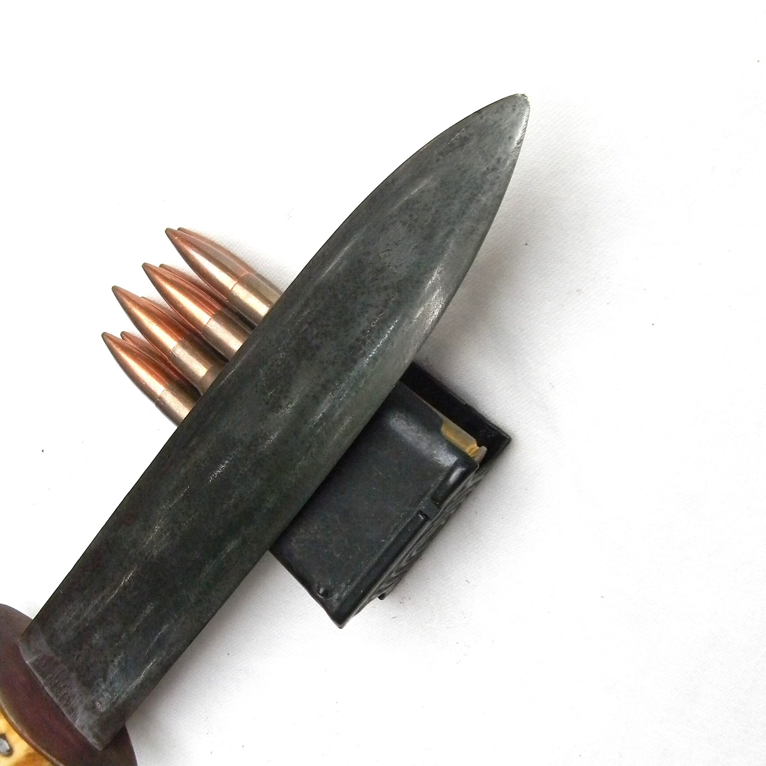 WW2 era New Caledonia made fighting knife, 8-inch dagger blade, stag handle, original scabbard; RARE TYPE - Image 6