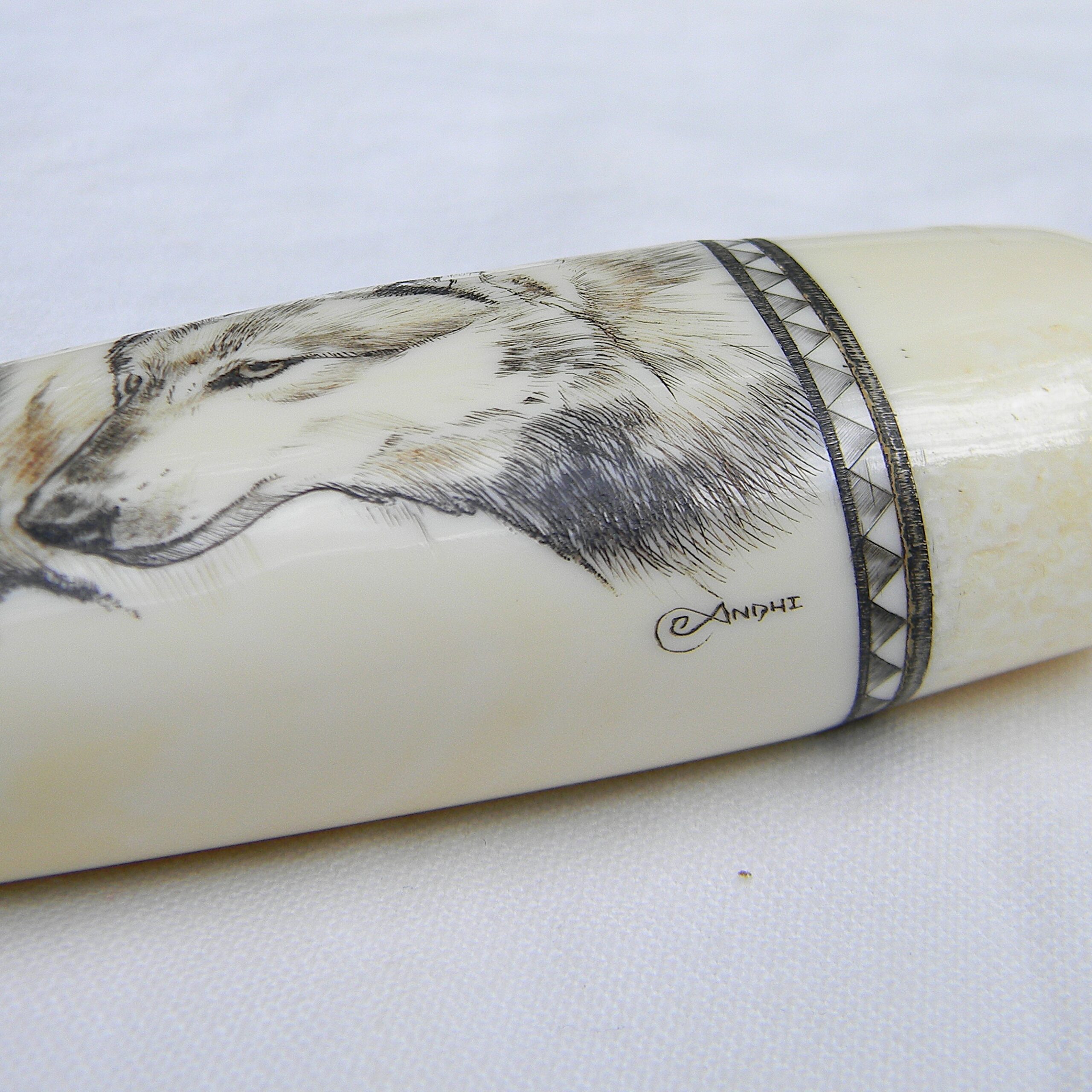 USA unique custom hunting dagger; exotic walrus task handle with Andhi Spaeth "wolves in the wild" scrimshaw, handmade sheath - Image 8