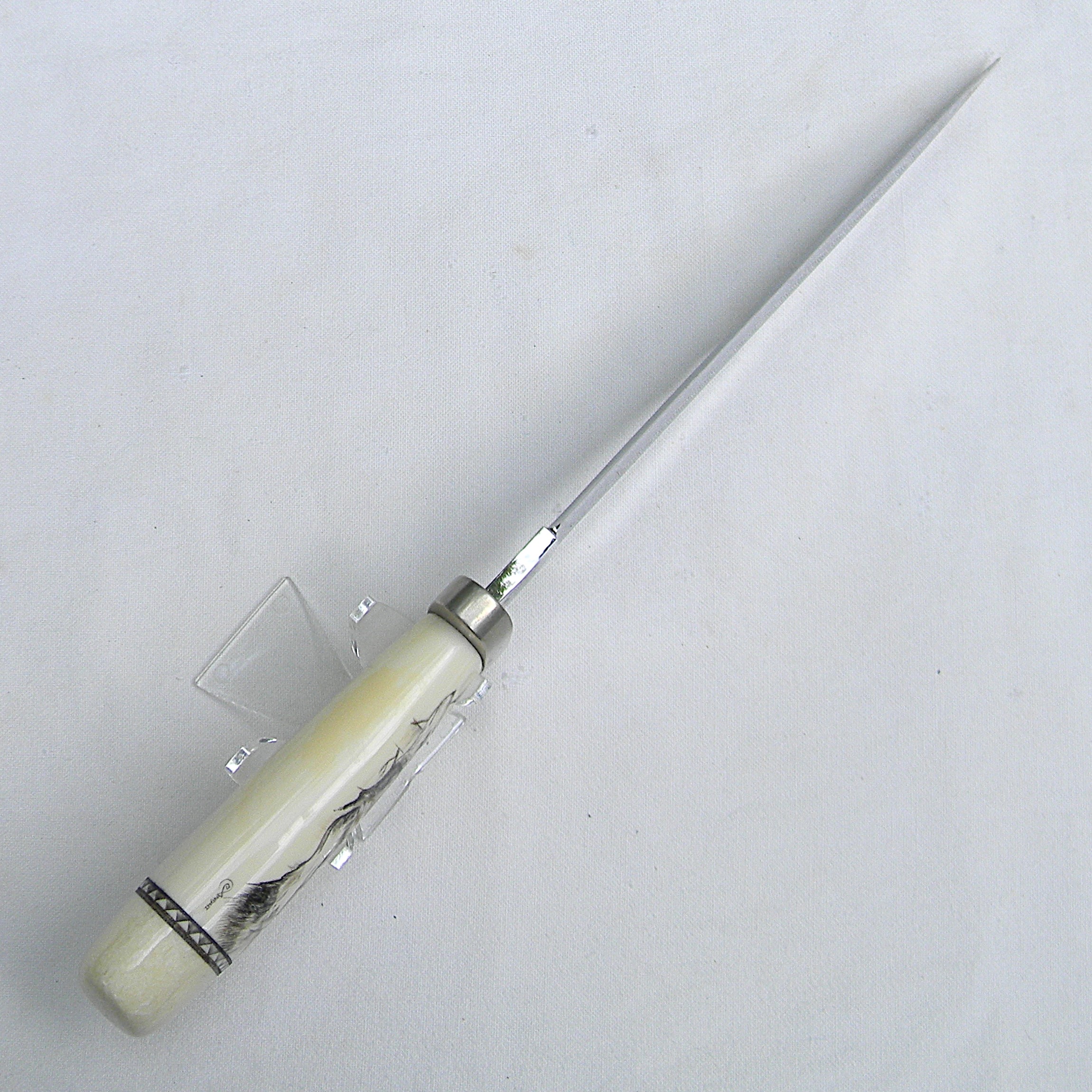 USA unique custom hunting dagger; exotic walrus task handle with Andhi Spaeth "wolves in the wild" scrimshaw, handmade sheath - Image 11
