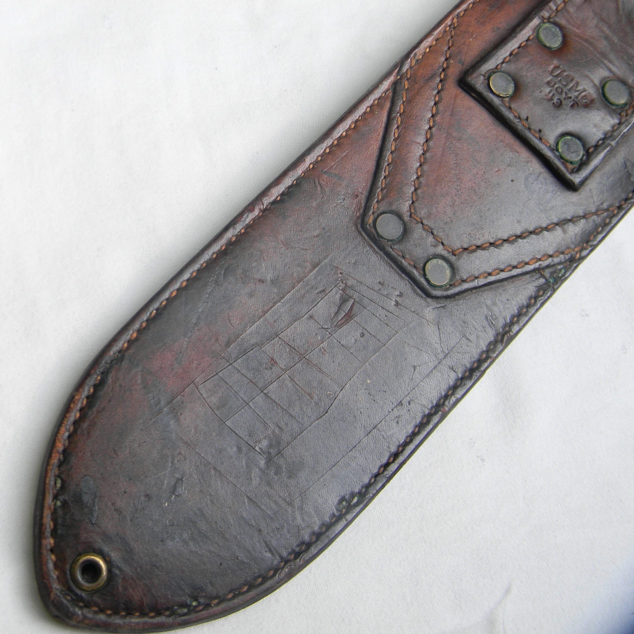 USA WW2 era USMC Hospital Corps Knife / Corpsmen Bolo made by Village Blacksmith, original 1943 Boyt scabbard - Image 5