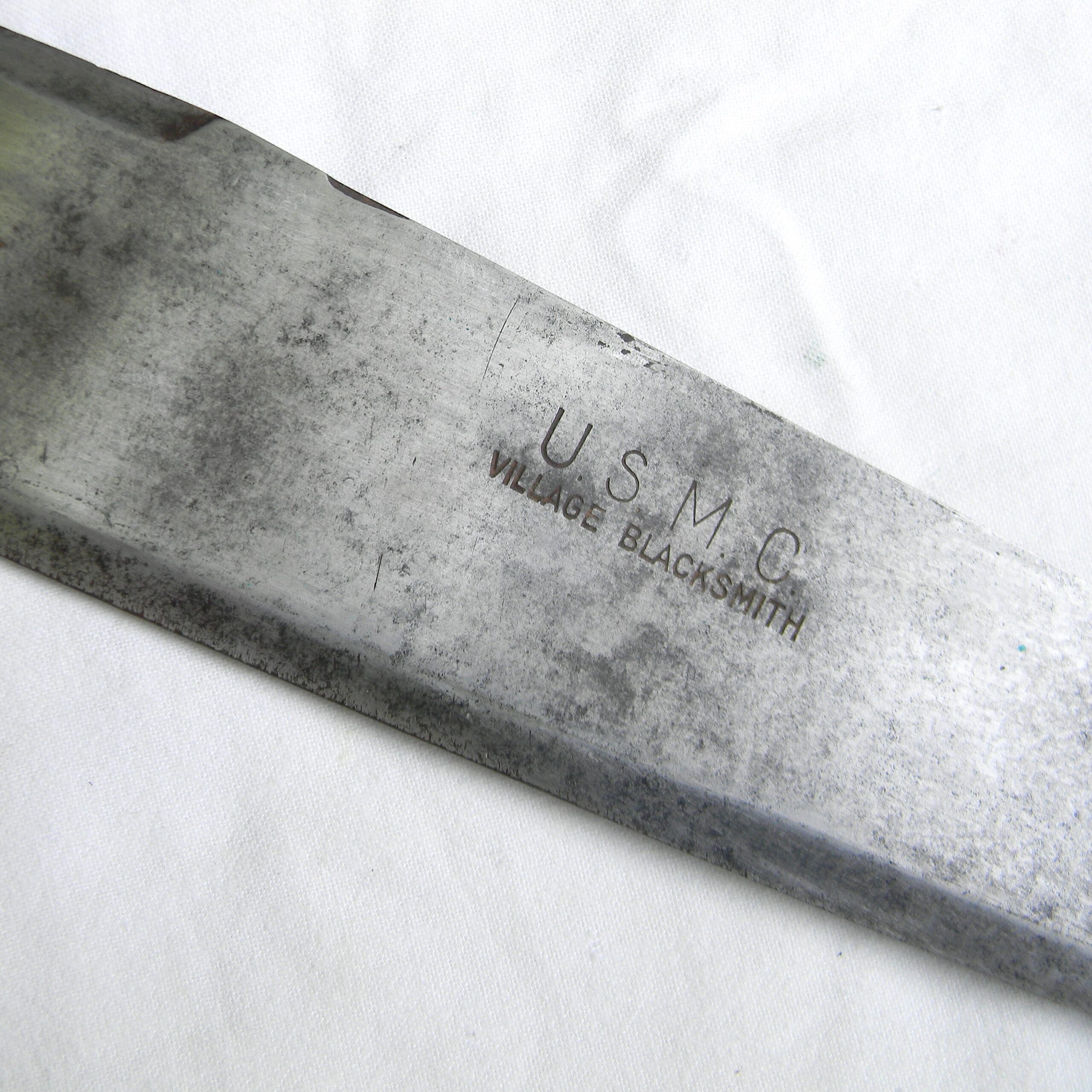 USA WW2 era USMC Hospital Corps Knife / Corpsmen Bolo made by Village Blacksmith, original 1943 Boyt scabbard - Image 12